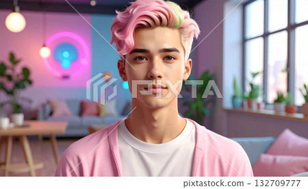 Stylish Man with Pink Hair Posing Indoors 132709777