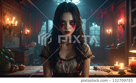 Gothic Woman with Bloody Face and Dark Ambiance 132709783