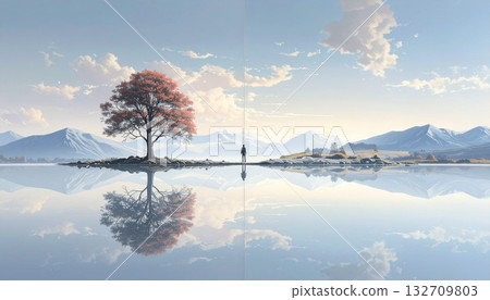 Serene Lake Landscape with Reflective Tree and Distant Figure 132709803