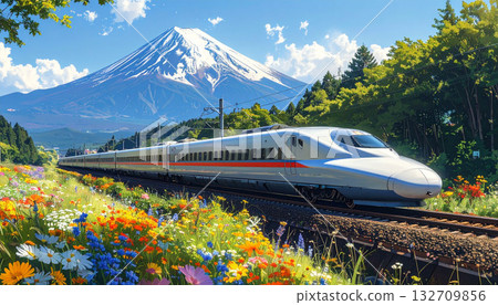 Japanese Bullet Train Speeding Past Mount Fuji 132709856