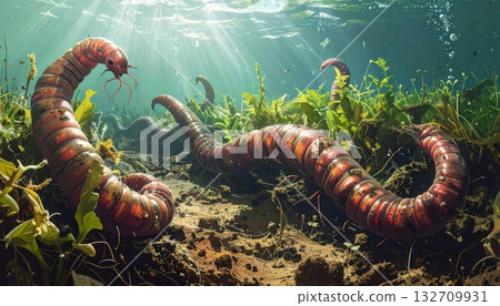 Giant Carnivorous Aquatic Worms Hunting Underwater Giant Carnivorous Aquatic Worms Hunting Underwater 132709931
