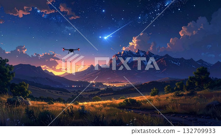 Drone Flying Above Field at Dusk Against Mountain Range Drone Flying Above Field at Dusk Against Mountain Range 132709933
