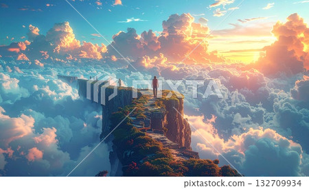 People Walking on High Cliffs Above Clouds at Sunset 132709934