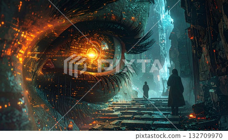 Surreal Giant Eye in Cyberpunk Sci-Fi Cityscape Surreal Giant Eye in Cyberpunk Sci-Fi Cityscape 132709970