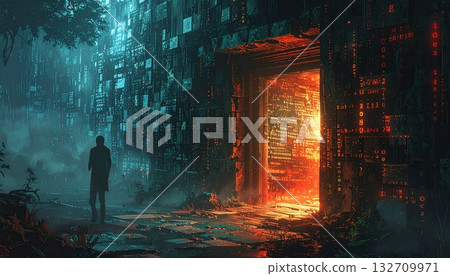 Man Standing Before an Ancient Digital Portal 132709971