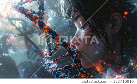 Pensive Woman Gazing at Futuristic DNA Strand 132710010