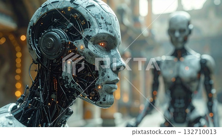 Advanced AI Robot Head with Orange Eyes in Futuristic Scene Advanced AI Robot Head with Orange Eyes in Futuristic Scene 132710013