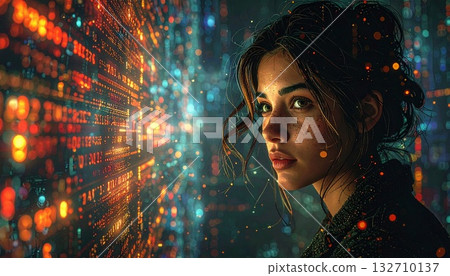 Woman Stares Intently at a Wall of Glowing Code and Data Woman Stares Intently at a Wall of Glowing Code and Data 132710137