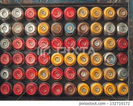 Top view. Aluminum cans on automated production line in modern factory. AI Generated. 132710172