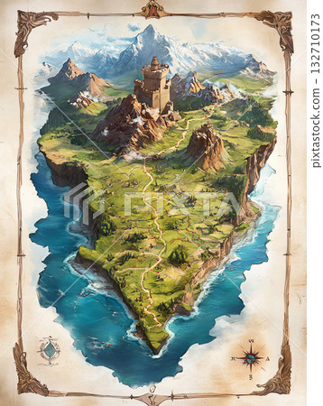 3D nature landscape. Fantasy world adventure map with scenic routes and landmarks. AI Generated. 132710173