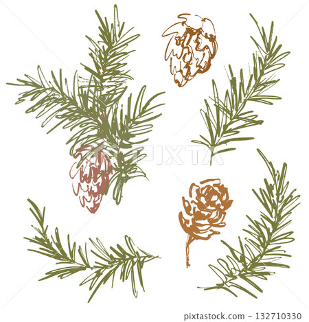 Whimsical Christmas floral set of pine cone and branch. Hand-drawn vintage collection isolated on white background. Illustration for design, print, fabric or background. 132710330