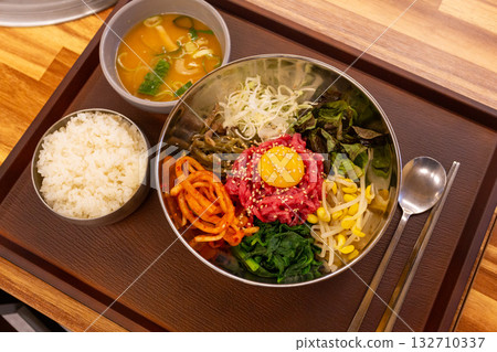 Korean food. Beef tartare bibimbap Korean food. Beef tartare bibimbap 132710337