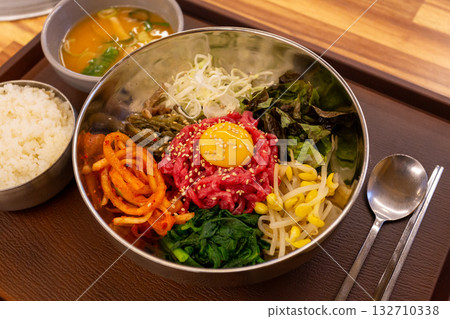 Korean food. Beef tartare bibimbap Korean food. Beef tartare bibimbap 132710338