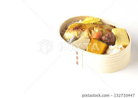 Grilled fish bento photographed on a white background Grilled fish bento photographed on a white background 132710447