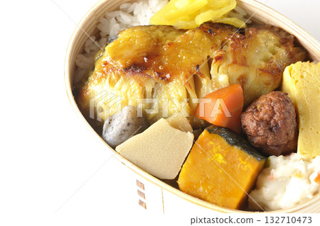 Grilled fish bento photographed on a white background Grilled fish bento photographed on a white background 132710473