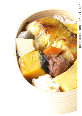 Grilled fish bento photographed on a white background Grilled fish bento photographed on a white background 132710487