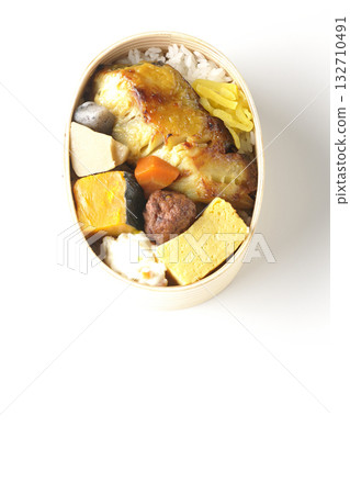 Grilled fish bento photographed on a white background Grilled fish bento photographed on a white background 132710491