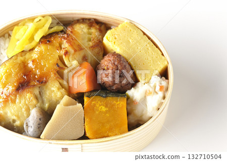 Grilled fish bento photographed on a white background Grilled fish bento photographed on a white background 132710504