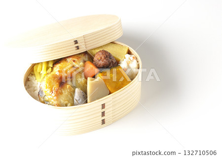 Grilled fish bento photographed on a white background 132710506