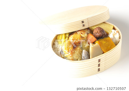Grilled fish bento photographed on a white background Grilled fish bento photographed on a white background 132710507