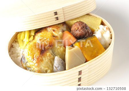Grilled fish bento photographed on a white background Grilled fish bento photographed on a white background 132710508