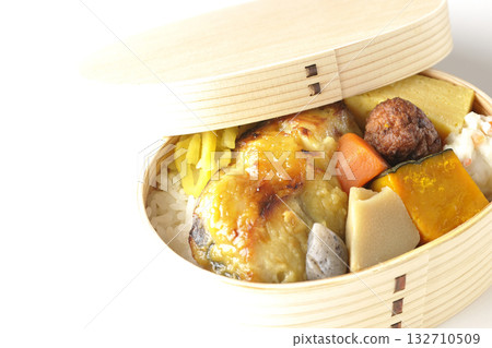 Grilled fish bento photographed on a white background Grilled fish bento photographed on a white background 132710509
