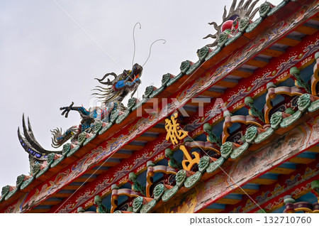 Close-up of the ornate decor on the Mengjia Longshan Temple in Taipei, Taiwan. Chinese folk religion landmark. Buddhist Temple. Religious and traditional Chinese art.  132710760
