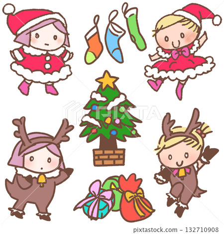 可愛的聖誕插畫素材：聖誕老人與馴鹿女孩 132710908