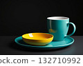 Still life with blue and yellow color scheme cups and plates 132710992