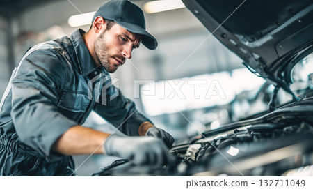 A car mechanic technician repairs a car in an auto repair shop. Generative AI. A car mechanic technician repairs a car in an auto repair shop. Generative AI. 132711049