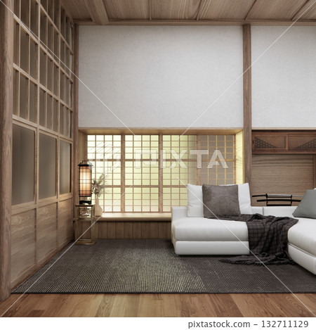 Livingroom with Armchair sofa and table decoration on wabi sabi style. 3D illustration rendering Livingroom with Armchair sofa and table decoration on wabi sabi style. 3D illustration rendering 132711129