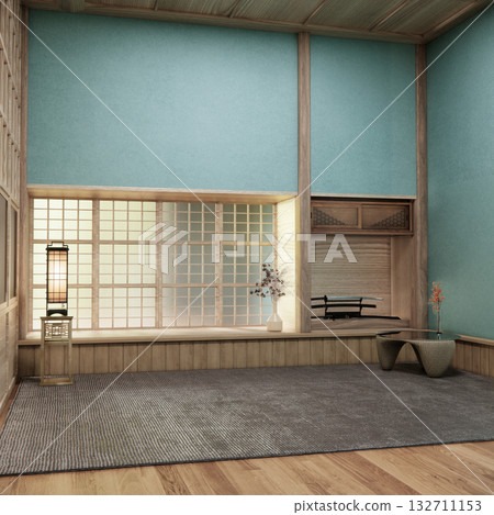 window with light shining through in mint color living room.3D rendering 132711153