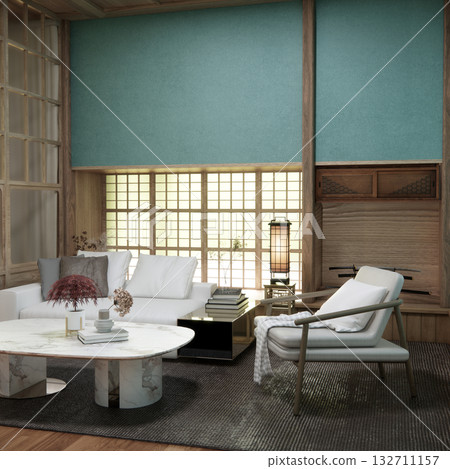 Mint Living room with sofa and table on carpet minimalist design modern wooden style.3D rendering 132711157