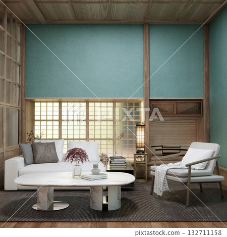 Mint Living room with sofa and table on carpet minimalist design modern wooden style.3D rendering 132711158