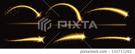 Magic star arch shooting light stardust sparkle. Golden trail and meteor with line and curve. Isolated vector illustration with flare shine effect and comet beam tail 132711201