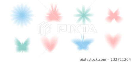 Y2k pastel butterfly and flowers icons with blurry gradient effect. Aura texture floral and insect symbols shapes. Blue, green and pink gradation set. Vector simples forms on transparent background 132711204