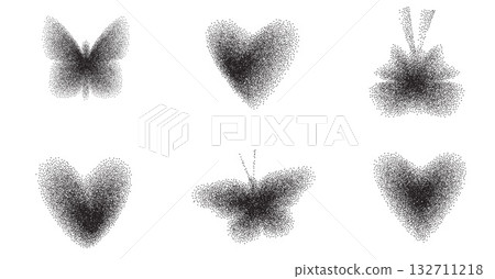 Noise grain icon set with y2k shapes. Black dotworks gradient. Gradation illustration of butterfly and heart. Black shade insect isolated. Vector spray butterflies and love symbols shapes illustration Noise grain icon set with y2k shapes. Black dotworks gradient. Gradation illustration of butterfly and heart. Black shade insect isolated. Vector spray butterflies and love symbols shapes illustration 132711218