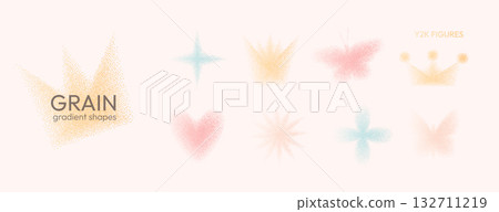Grain gradient shapes. Y2k dot noise colorful figures set. Crown, butterfly flower dots gradation airbrush elements. Vector grainy texture shapes with abstract groovy tone set on beige background 132711219