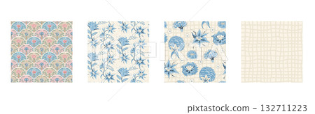 Floral indian chintz seamless pattern collection. Flower scallop aop endless backgrounds set. Chintz retro repeat cover. Fabric farmhouse design continuous ornament. Vector wildflower background Floral indian chintz seamless pattern collection. Flower scallop aop endless backgrounds set. Chintz retro repeat cover. Fabric farmhouse design continuous ornament. Vector wildflower background 132711223