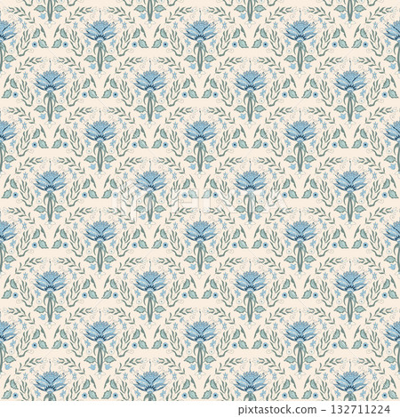 Floral indian chintz damask seamless pattern. Flower scallop endless aop background. Chintz retro repeat cover. Blue waterlily farmhouse continuous ornament. Vector fantasy wildflower background 132711224