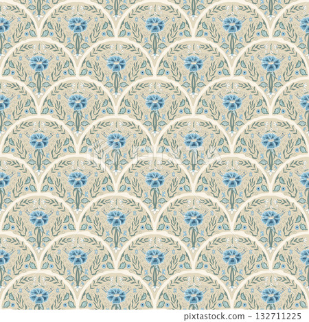 Scallop blue plumeria seamless pattern. Floral indian chintz. Flower aop scallop endless background. Chintz retro cover. Fabric folk design continuous ornament. Vector hand drawn background 132711225