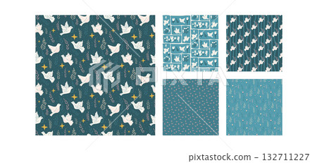 Dove of peace seamless patterns collection. Folk birds motif background set. Pigeons flying on sky repeat background. Vector hand drawn flat doves print illustrations. Allover seeds and floral bg Dove of peace seamless patterns collection. Folk birds motif background set. Pigeons flying on sky repeat background. Vector hand drawn flat doves print illustrations. Allover seeds and floral bg 132711227