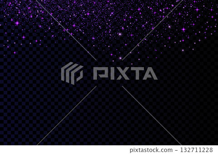 Purple glitter background with twinkles. Shimmer violet spray effect for retro disco celebration banners. Shiny confetti, stardust light texture. Festive particles vector magic overlay illustration 132711228