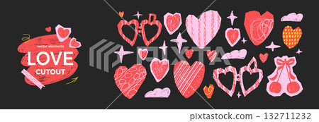 Love cutouts paper collage. Hearts and cherry pieces for love or scrapbook design. Sticker icons with locket frame shape for valentine projects. Love, star and clouds torn cut red element for craft Love cutouts paper collage. Hearts and cherry pieces for love or scrapbook design. Sticker icons with locket frame shape for valentine projects. Love, star and clouds torn cut red element for craft 132711232