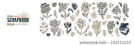 Scrapbook floral cutouts. Set of handmade flower paper shapes with crayon textures. Beige craft papers plant pieces. Vector scrap book cut outs chamomile, bellflowers illustration on white background Scrapbook floral cutouts. Set of handmade flower paper shapes with crayon textures. Beige craft papers plant pieces. Vector scrap book cut outs chamomile, bellflowers illustration on white background 132711237