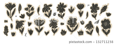Handmade flowers paper stickers with black pen texture. Coneflowers, daisy cutouts set. Paper collage kids camomile, leaves and bellflowers. Scrapbook naive stickers floral shapes. Naive diy doodles Handmade flowers paper stickers with black pen texture. Coneflowers, daisy cutouts set. Paper collage kids camomile, leaves and bellflowers. Scrapbook naive stickers floral shapes. Naive diy doodles 132711238