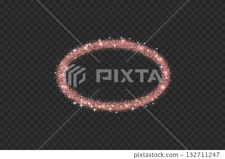 Rose gold glitter ellipse frame. Stardust Christmas confetti border. Pink glitter thin oval text box. Party shimmering geometric callout. Vector illustration on transparent background 132711247
