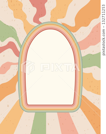 Arch groovy frame banner template. Geometric doodle text boxer with rainbow stripes. Borders on distressed starburst background. Vector retro illustration 132711253