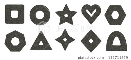 Ink linocut rolled geometric shapes with noise set. Grainy textured y2k elements with hole. Triangle, rectangle, star and circle. Vector gritty stickers shapes. Grunge geometry figures Ink linocut rolled geometric shapes with noise set. Grainy textured y2k elements with hole. Triangle, rectangle, star and circle. Vector gritty stickers shapes. Grunge geometry figures 132711259