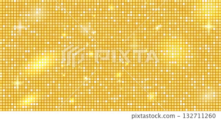 Yellow disco ball mosaic with golden mirror glitter gradient background. Shiny metallic gold tones pattern. Festive fashion light decoration. Glam sparkle Christmas wall. Vector gradation illustration 132711260